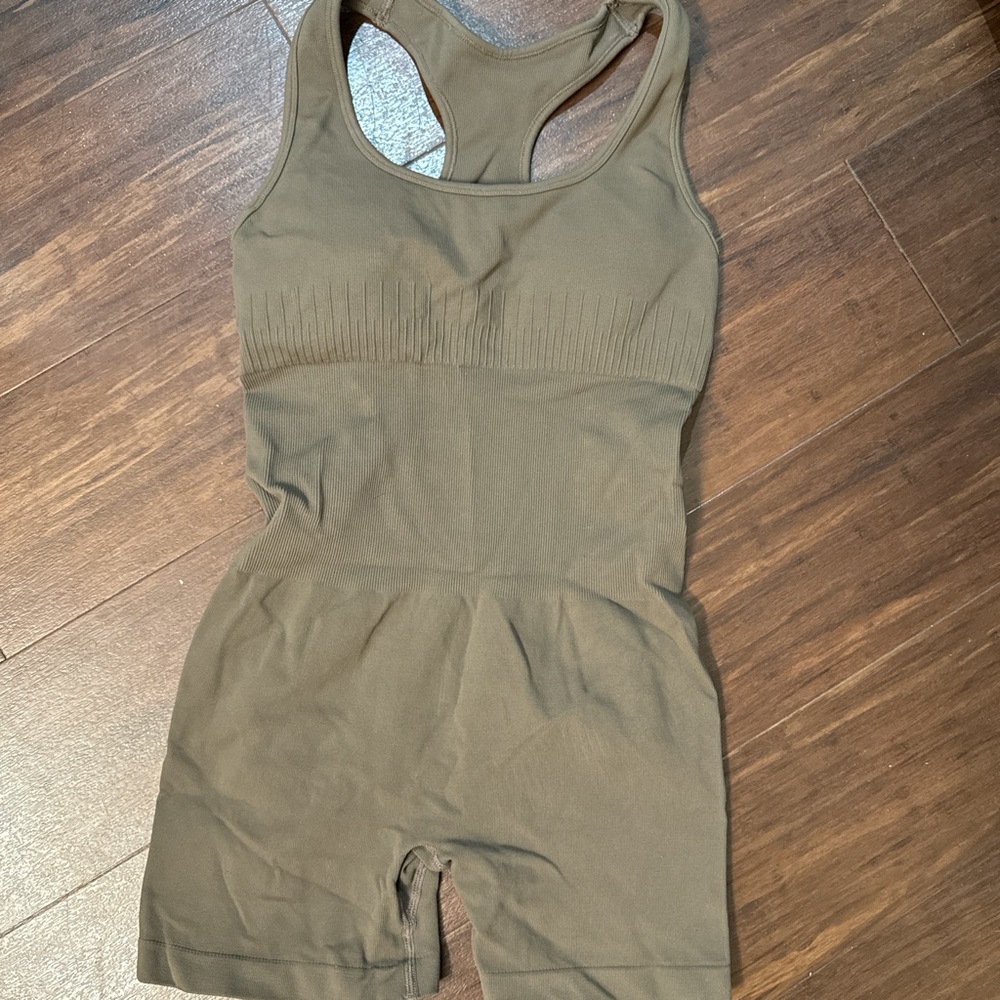 Olive Green Ribbed Workout Romper